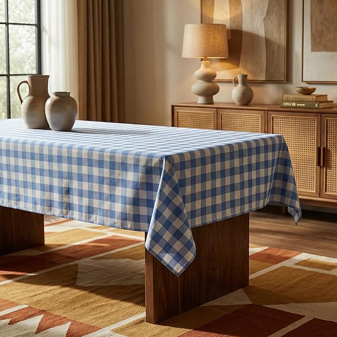 Waterproof Gingham Tablecloth, Checkered Fabric Table Cover for Kitchen Dining, Blue & White Plaid Table Cloth, Rectangle Table Cloth for Indoor Outdoor Use, W60 x L84 in