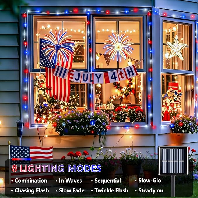 YEGUO 4 Pack Red White and Blue Solar Lights, Each 33ft 100 LED 4th of July Solar Fairy Lights Outdoor Waterproof, 8 Modes Sliver Wire Patriotic String Lights for Independence Memorial Day Decoration