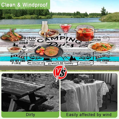 JAWO Turquoise Wood Grain Camping Rules Quote Picnic Table Cover with Bench Covers, Camper RV Essentials Gear Supplies Outdoor Waterproof Windproof Tablecloth with Elastic, 30X60in