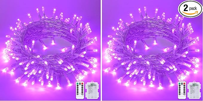 JMEXSUSS 33ft 100 LED Purple Christmas Lights, Battery Operated Christmas Lights with Remote Indoor Outdoor, Purple String Lights for Tree Room Proch Yard Xmas Decor (Pack of 2)