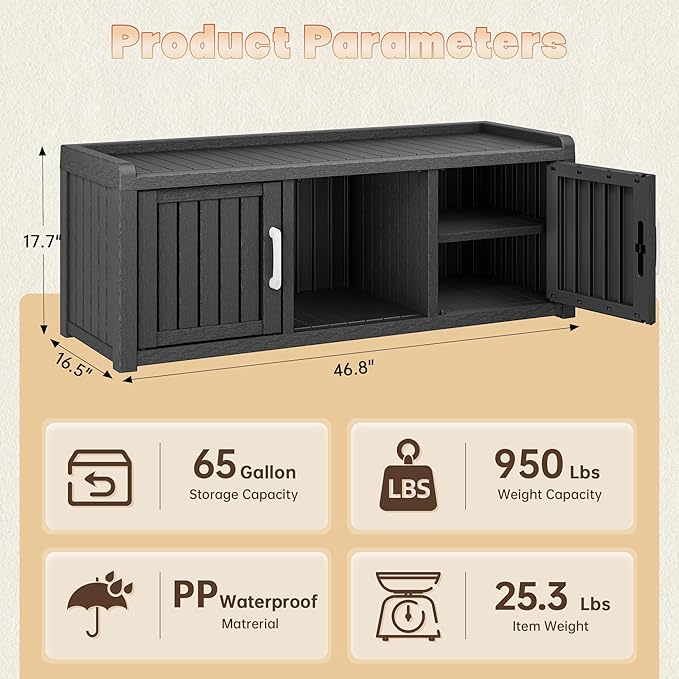 Bifanuo Shoe Storage Cabinet, 2-Door Outdoor Storage Bench with Adjustable Shelves, Waterproof UV-Resistant for Hallway, Living Room, Entryway, Large Capacity Modern Organizer (Black)
