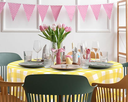 Disposable Checkered Tablecloth Round Plastic Buffalo Plaid Table Cloth 84'' Gingham Tablecover for Picnic Camping BBQ Graduation Party(Yellow and White,6 Pieces)
