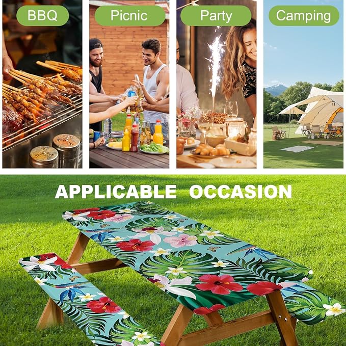 FOREVER QUEEN Picnic Table Cover with Bench Covers 72in,Waterproof Windproof Fitted Tablecloth,Tropical Floral Camping Essentials with Drawstring Bag,for RV,Patio,Park & Backyard
