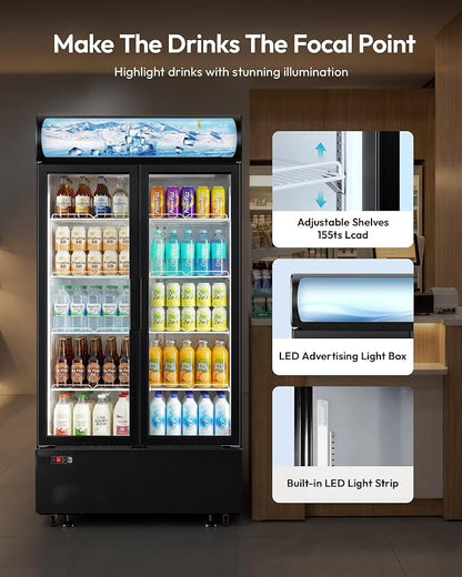 25 Cu.Ft Commercial Beverage Refrigerator, Double Glass Door | LED Lightbox, 8 Adjustable Shelves, 32-50°F Digital Control, R290 Air Cooling, ETL Certified, Commercial Use