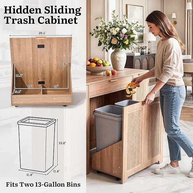 YITAHOME Expandable Kitchen Island with Hidden Trash Cabinet, 55.1" Rolling Kitchen Island with Drop Leaf, Storage Drawer & 3-Tier Side Shelves, Mobile Kitchen Island on Wheels with Towel Bar & Hooks