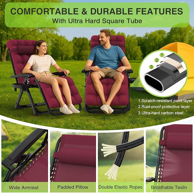 Suteck Zero Gravity Chair, Reclining Camping Chairs w/Removable Cushion | Anti Gravity Recliner Lounge Chair with Aluminum Alloy Lock & Cup Holder, 90-170° Adjustable, for Lawn Patio Indoor