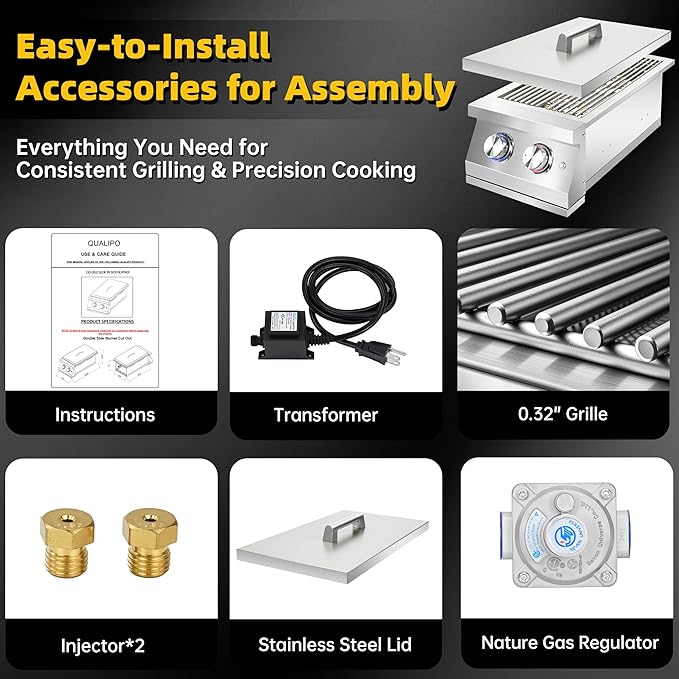 Double Side Burners for Outdoor Grill, Heavy-Duty 304 Stainless Steel, Built-in Side Burners with LED for Outdoor Kitchen BBQ Island, 2x17,000BTU Natural Gas Side Burner Convertible to Liquid Propane