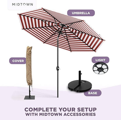 MIDTOWN UMBRELLAS The Lean 8 Feet Outdoor Umbrella With Terylast Red Stripes (Red/White Stripes) Polyester Fabric - 8 Ribs Aluminum Frame Patio Umbrella With Zinc Alloy Crank Lift And Auto-Tilt System