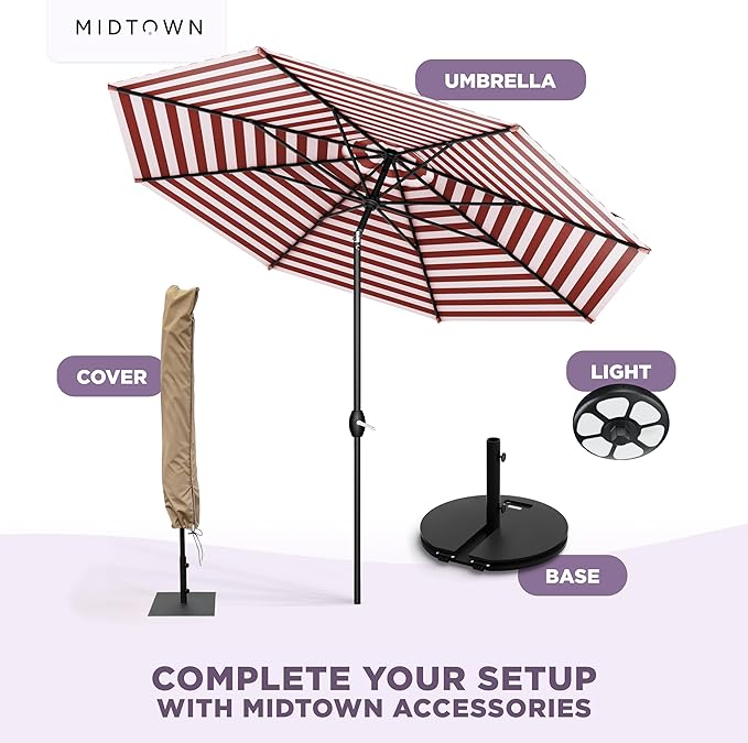 MIDTOWN UMBRELLAS The Lean 9 Feet Outdoor Umbrella With Terylast Red Stripes (Red/White Stripes) Polyester Fabric - 8 Ribs Aluminum Frame Patio Umbrella With Zinc Alloy Crank Lift And Auto-Tilt System