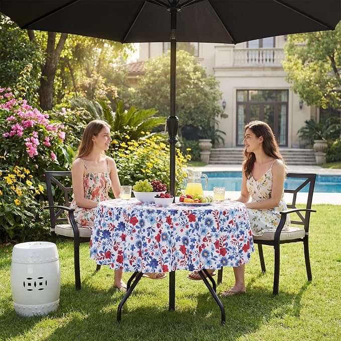 SquarePie 4th of July Outdoor Tablecloth with Umbrella Hole Round - 60 Inch Waterproof Zipper Patriotic Red Blue Flowers Table Cover for Spring Summer Garden Party Picnic