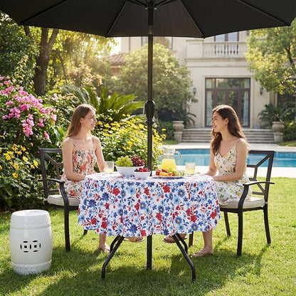 SquarePie 4th of July Outdoor Tablecloth with Umbrella Hole Round - 60 Inch Waterproof Zipper Patriotic Red Blue Flowers Table Cover for Spring Summer Garden Party Picnic
