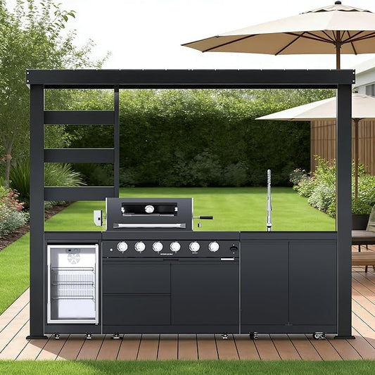 110-Inch 4-Burner 72000 BTU Stainless Steel Propane Gas Grill Outdoor Kitchen Island with Canopy,485Sq.In Cooking Area,Wine Cooler,Refrigerator,Rotisserie,For Backyard BBQ,Black