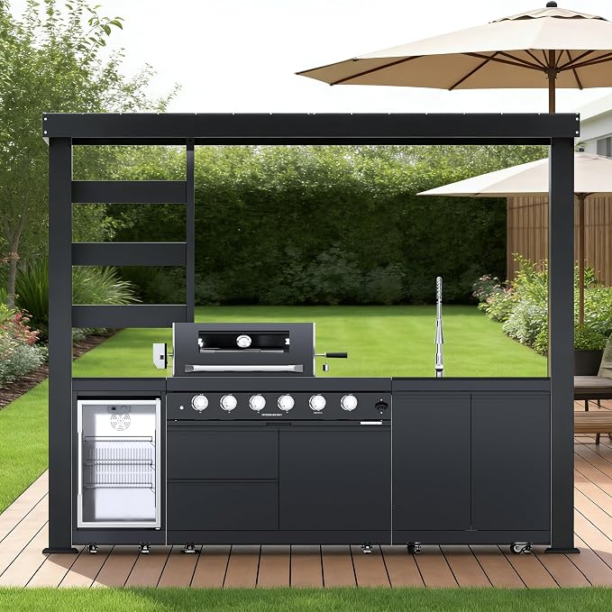 110" Covered Outdoor Kitchen Island with Roof, 4-Burner 72,000 BTU Propane BBQ Island with Side Burner, Refrigerator, Integrated Sink & Prep Station, for Backyard and Patio Cooking, Black