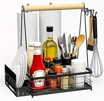 Grill Caddy with Plate Holder and 2Paper Towel Holder, Picnic BBQ Condiment Utensil Organizer Caddy for Outdoor Cooking, RV, Camping Essential, Camper Must Haves, Grilling Gifts