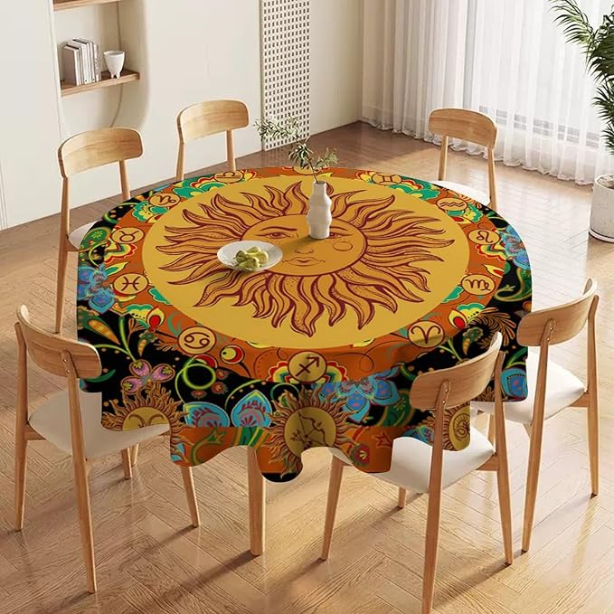 Vintage Boho Sun Round Tablecloth Wildflower Floral Bohemian Hippie Sun Table Cloth Water Resistant Wipeable Table Cover for Farmhouse Picnic Party Holiday Kitchen Dinner Table 50"