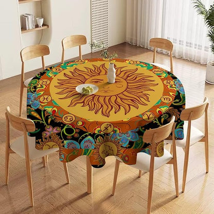 Vintage Boho Sun Round Tablecloth Wildflower Floral Bohemian Hippie Sun Table Cloth Water Resistant Wipeable Table Cover for Farmhouse Picnic Party Holiday Kitchen Dinner Table 70"