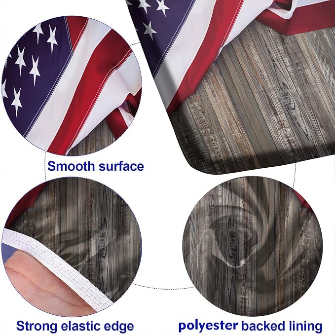 4th of July Picnic Fitted Tablecloth with Benches Covers, American flag on wood background Fitted Tablecloth Cover Oil Proof Elastic Edge for Outdoor, Garden, Camping, 72x28 In, 3 Pieces Set, Brown