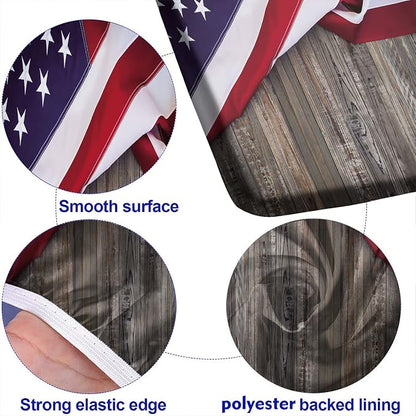 4th of July Picnic Fitted Tablecloth with Benches Covers, American flag on wood background Fitted Tablecloth Cover Oil Proof Elastic Edge for Outdoor, Garden, Camping, 72x28 In, 3 Pieces Set, Brown