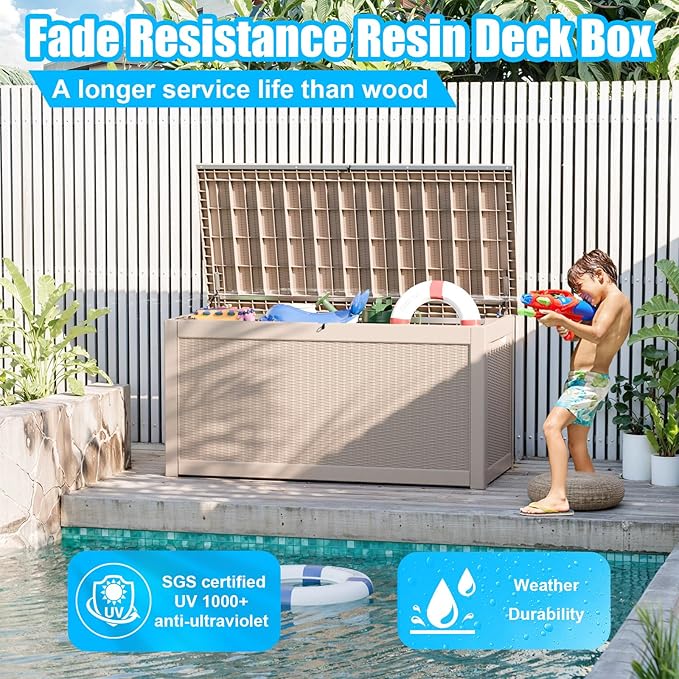 321 Gallon Outdoor Storage Box Lockable Waterproof Deck Box, Weatherproof UV-Resistant Durable Large Patio Storage Container for Patio Cushions, Garden Tool Pool Accessories, Furniture Pillow