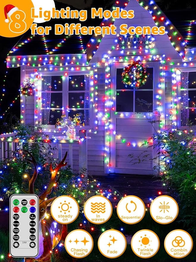 BrightChristmas 600 LED 196 FT Christmas Lights, Waterproof Outdoor String Lights with Remote and Timer, Christmas Tree Lights with 8 Modes Dimmable, Fairy Lights for Holiday Decor (Multicolor)