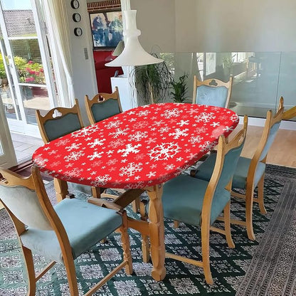 Elastic Fitted Tablecloths, White Snowflakes on Red Background Oval Table Covers, Polyester Cloth Wrinkle Resistant Decor Family Banquet Use, Fits Tables up to 42''x60''