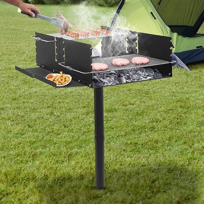 Single Post Outdoor Grill Large Park Style BBQ Grill with 4 Gears Adjustable Height, Heavy Duty Steel Charcoal Barbecue for Camping and Backyards, Black