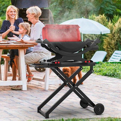 Grill Stand for Weber Q Grill Cart, BBQ Portable Grill Table for Weber Q1200 Q1000 Q2000 Q1400, Heavy-duty Trolley Collapsible Dining Table for Outdoor Camping BBQ Cooking Tailgating, Black, 2 Wheels