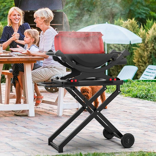 Grill Stand for Weber Q Grill Cart, BBQ Portable Grill Table for Weber Q1200 Q1000 Q2000 Q1400, Heavy-duty Trolley Collapsible Dining Table for Outdoor Camping BBQ Cooking Tailgating, Black, 2 Wheels