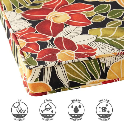 Outdoor 18 inch Square Patio Dining Chair Pads – Comfortable Fiber-Filled Seat Cushions with Ties, Reversible Polyester Fabric - Aloha Black Floral, Set of 2