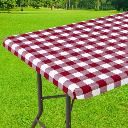 Smiry Rectangle Picnic Table Cloth, Elastic Waterproof Fitted Vinyl Tablecloths, Flannel Backed Buffalo Plaid Table Covers for Dining, Camping, Outdoor (Burgundy and White, 30" x 60")