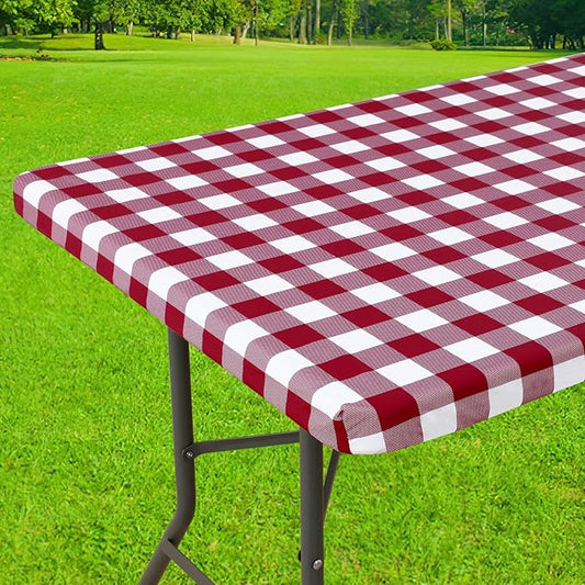 Smiry Rectangle Picnic Table Cloth, Elastic Waterproof Fitted Vinyl Tablecloths, Flannel Backed Buffalo Plaid Table Covers for Dining, Camping, Outdoor (Burgundy and White, 30" x 72")