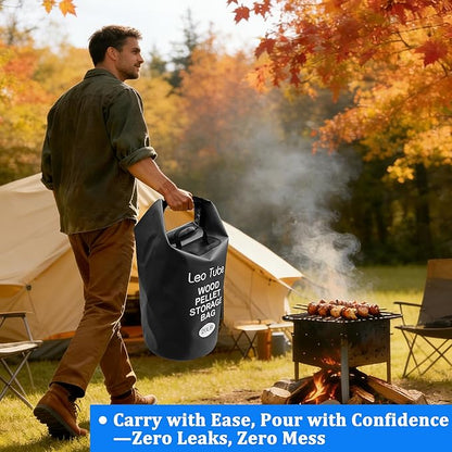 Heavy-Duty Wood Pellet Storage Bag, 20LB Waterproof Smoker Bag - 500D PVC Outdoor Storage Container with Buckle Seal, Label Pocket & Handles for BBQ, Grill, Pellet Smoker (Black)