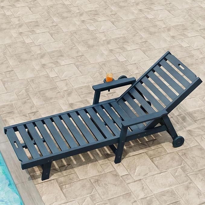 Garvee Lounge Chair Outdoor with Wheels & 5-Position Adjustable Backrest, Oversized Chaise Lounge with 2 Move Handle, HDPE Outdoor Lounge Chair w/Detachable Cup Holder, for Patio, Pool,Navy Blue