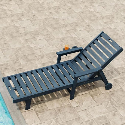 Garvee Lounge Chair Outdoor with Wheels & 5-Position Adjustable Backrest, Oversized Chaise Lounge with 2 Move Handle, HDPE Outdoor Lounge Chair w/Detachable Cup Holder, for Patio, Pool,Navy Blue
