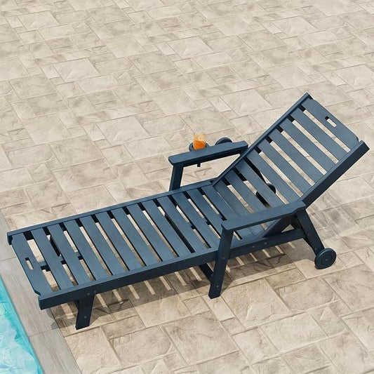 Garvee Lounge Chair Outdoor with Wheels & 5-Position Adjustable Backrest, Oversized Chaise Lounge with 2 Move Handle, HDPE Outdoor Lounge Chair w/Detachable Cup Holder, for Patio, Pool,Navy Blue
