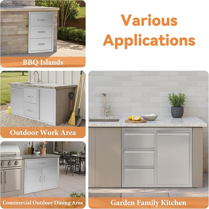Jocisland 41.5" W×20" D×23" H Stainless Steel Outdoor Kitchen Drawers, Double Drawers with Trash Drawer & Door, 3-Tier Cabinet, Built-in BBQ Island Storage for Outdoor Kitchens