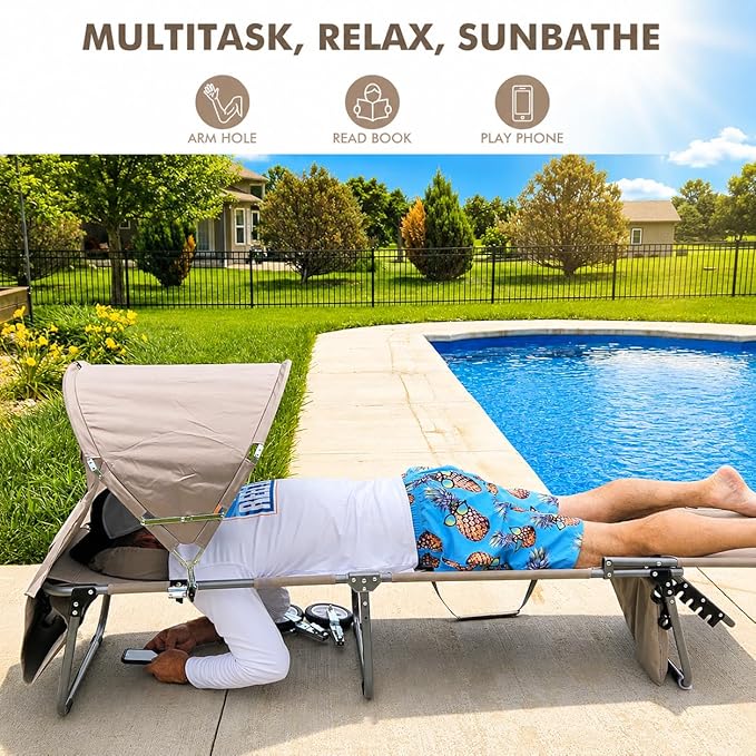 Wheel-To-Go Tanning Chair with Wheels Sun Canopy Umbrella Face Hole Thicker Washable Adjustable, Heavy Duty Folding Lay Flat Sun Lounge Chair Beach Outside Sunbathing Reading, UPF 50+ (Patent Design)