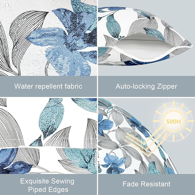 LVTXIII Outdoor/Indoor Pillow Covers, Patio Fade Resistant Throw Pillow Covers ONLY, Waterproof Farmhouse Accent Cushion Cases for Sofa Patio Couch Decoration 18"x18" Set of 2, Clemens Noir Blue