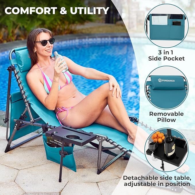 FUNDANGO 4 in 1 Tanning Chair with Face Hole, Beach Lounge Chair with Canopy Shade & Side Table Chaise Lounge Chairs for Patio, Pool, Lawn, Sunbathing, 5-Position Adjustable Sun Lounger, Cyan