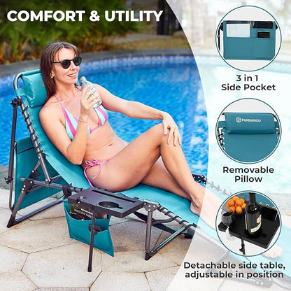 FUNDANGO 4 in 1 Tanning Chair with Face Hole, Beach Lounge Chair with Canopy Shade & Side Table Chaise Lounge Chairs for Patio, Pool, Lawn, Sunbathing, 5-Position Adjustable Sun Lounger, Cyan