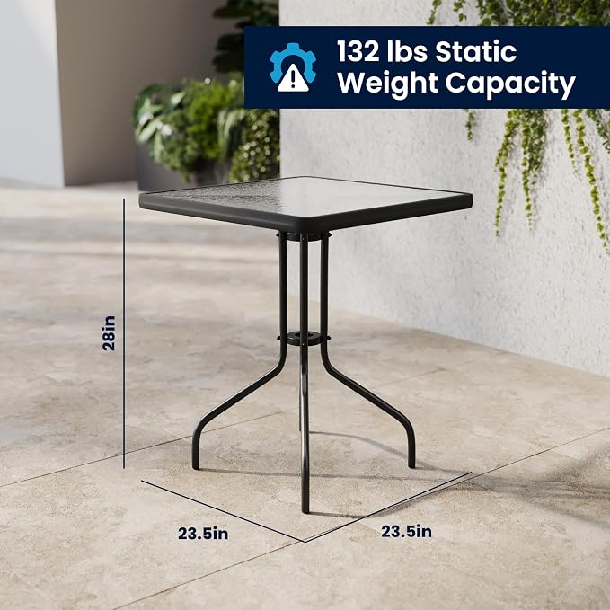 Flash Furniture Lila 23.5'' Square Glass Metal Table with 2 Black Rattan Stack Chairs | Durable Construction, Commercial Use