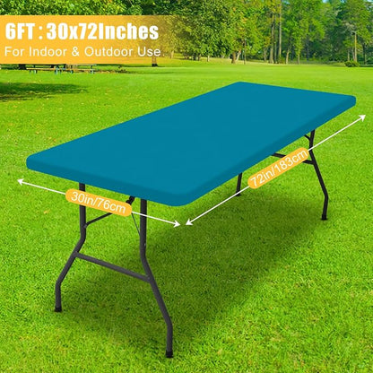 Rectangle Table Cloth, Waterproof Elastic Fitted Tablecloth for 6 Foot Folding Tables, Washable Polyester Tablecloths for Picnic, Camping, Outdoor (Teal, 30"x72")