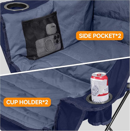 Huskfirm 3 Person Camping Chairs Folding Double Camp Chair for Adults Blue | Oversized Loveseat Camping Chair Padded Heavy Duty Camping Couch for Outdoor Lawn with Two Cup Holders and Carry Bag