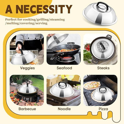 11.4 Inch Cheese Melting Dome, HaSteeL Round Stainless Steel Basting Steaming Cover, Metal Griddle Lid for Indoor & Outdoor Cooking Grilling, Non Toxic & Rust Free, Dishwasher Safe, Plus a Screwdriver