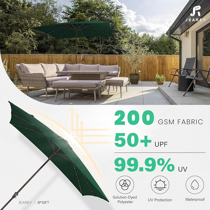 JEAREY 8x10' Rectangle LED Lighted Umbrella Patio Umbrella Outdoor w/Crank | Solar Market Umbrellas with 8 Sturdy Ribs, UV Protection Waterproof Sunproof for Pool, Deck, Backyard(Dark Green)