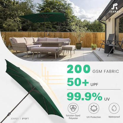 JEAREY 8x10' Rectangle LED Lighted Umbrella Patio Umbrella Outdoor w/Crank | Solar Market Umbrellas with 8 Sturdy Ribs, UV Protection Waterproof Sunproof for Pool, Deck, Backyard(Dark Green)