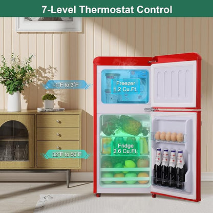 Retro Mini Fridge with Freezer 4.0 Cu. Ft, Small Refrigerator with 7 Level Adjustable Thermostat, Compact Classic Dual Door Fridge Removable Glass Shelves for Apartments, Dorm, Office, Red