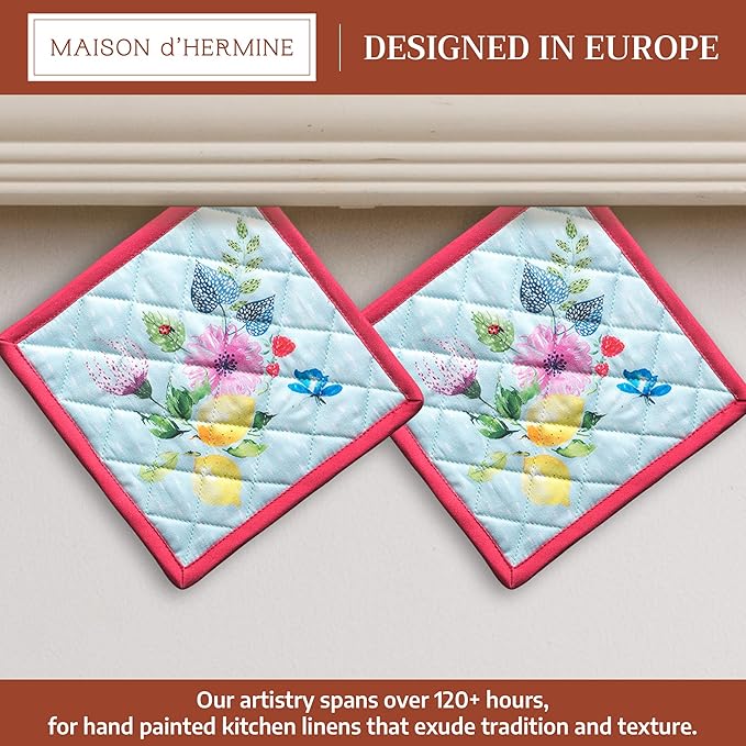 Maison d' Hermine Pot Holders 100% Cotton Heat Resistant Potholders 8" x 8" Hot Pads with Loop BBQ Cooking Hotel Farmhouse Kitchen Handling Hot Pans Spring Summer (Pack of 2, Jardin D'Ete - Mint)