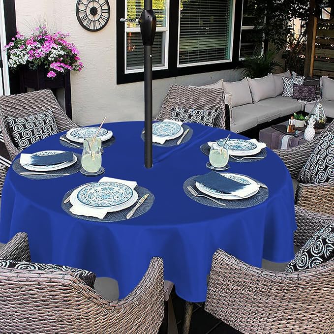 Fitable Outdoor and Indoor Tablecloth, Blue, 60 Inches Round | Washable Waterproof Wrinkle Free Table Cover, Zipper and Umbrella Hole, For Spring Summer Party Picnic Camping Patio