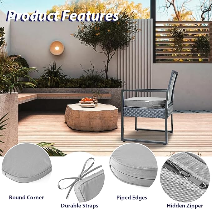 IPYNBAP Outdoor Chair Cushions Set of 4 -Waterproof Outdoor Seat Cushions for Patio Furniture, Patio Chair Cushion with Handle and Ties, Out Door Chair Pads,18.5x16x3-Round, Grey